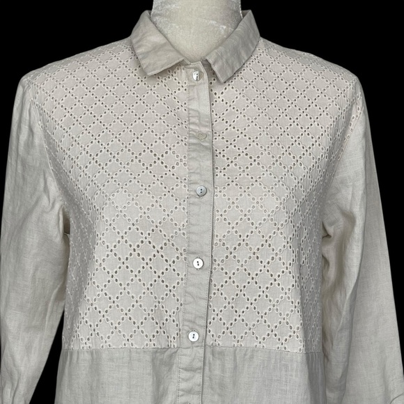 Mashu Kashu Linen Cream Eyelet Tunic Top Shirt Women’s Size M Button Front - Picture 2 of 7